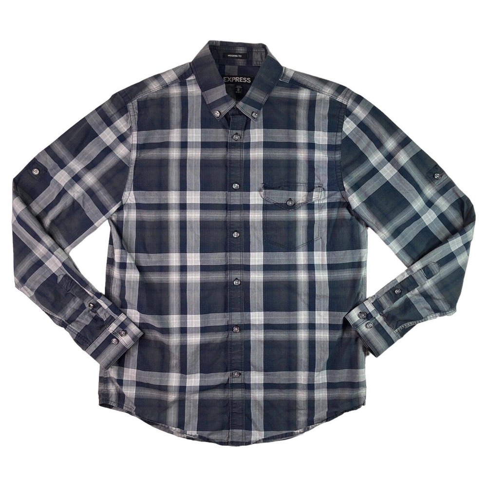 EXPRESS Men's Medium Shirt Modern Fit Gray Plaid Button Up Collared 15-15.5 neck